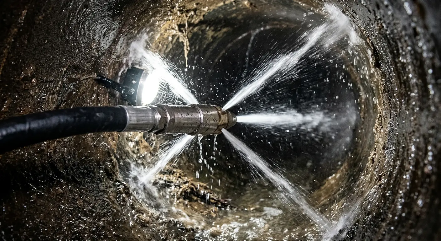 High-pressure hydro jetting nozzle cleaning sewer pipe for Emergency Drain Service in North Augusta