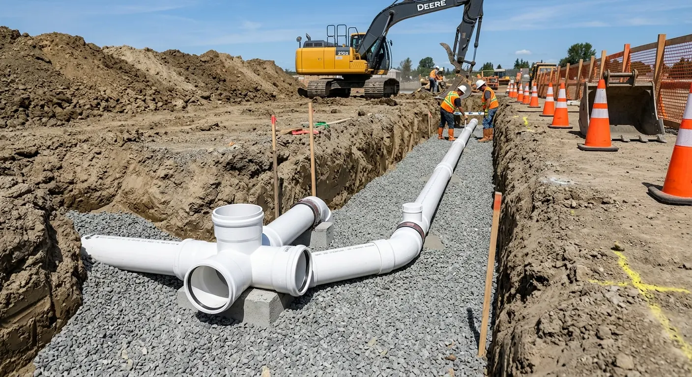 New PVC sewer pipe installation in open trench for Commercial Drain Cleaning in North Augusta