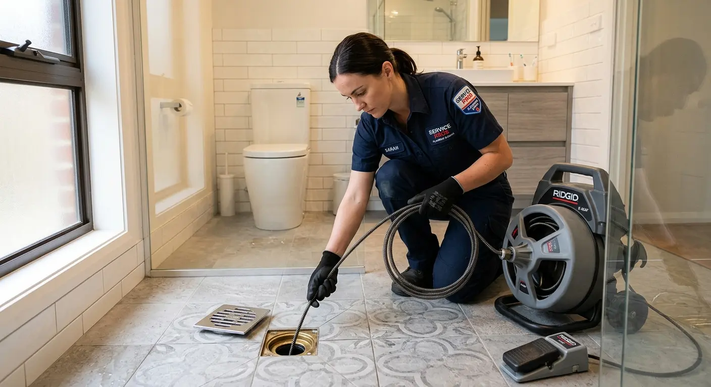 Technician clearing a bathroom floor drain for Drain Cleaning in North Augusta